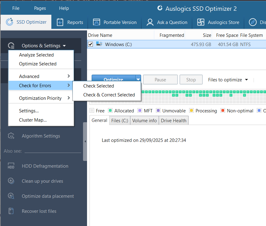 Click the drop-down arrow on Options & Settings in the left pane