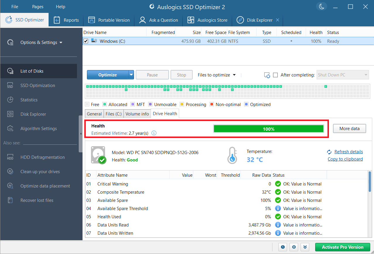 SSD Optimizer shows your drive’s temperature readings in real time so you can take prompt action when necessary