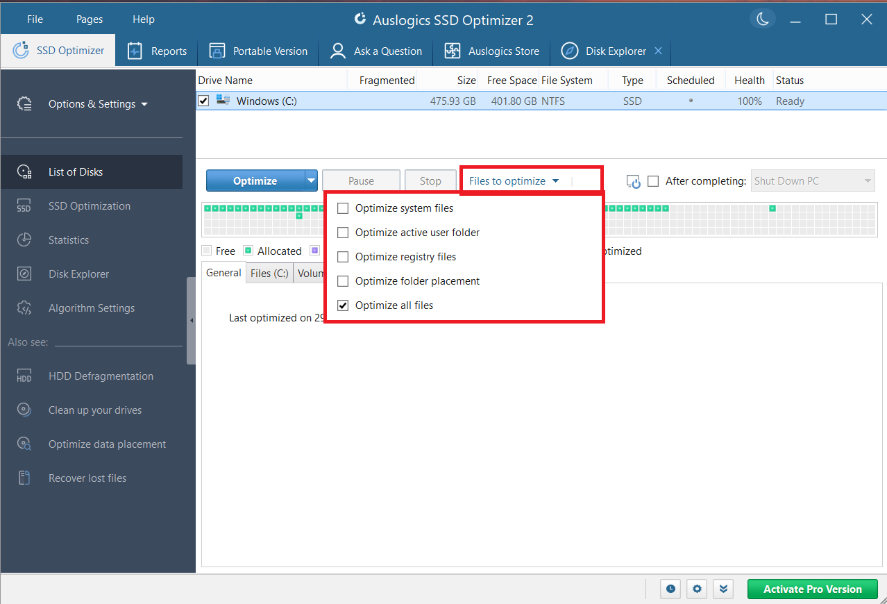 To begin with, click the Files to optimize drop-down and select your desired option(s)