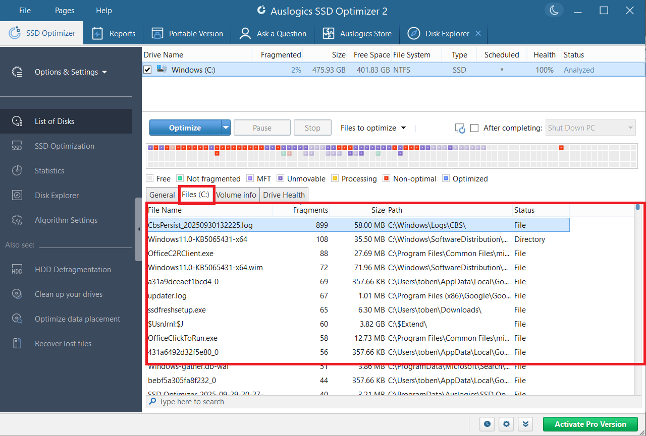 Switch to the Files tab to view a full list of fragmented files on the drive