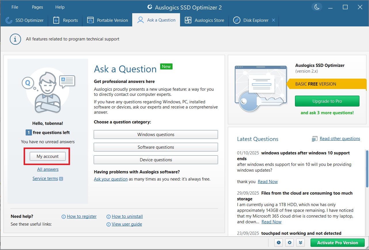To view your questions and the responses left on them, click the My account button