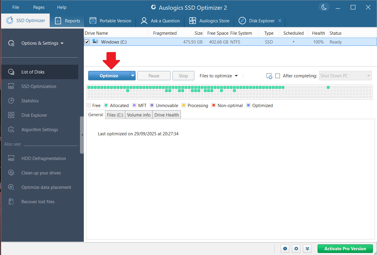 clicking the blue Optimize button on the main window of the app will apply the following optimization processes