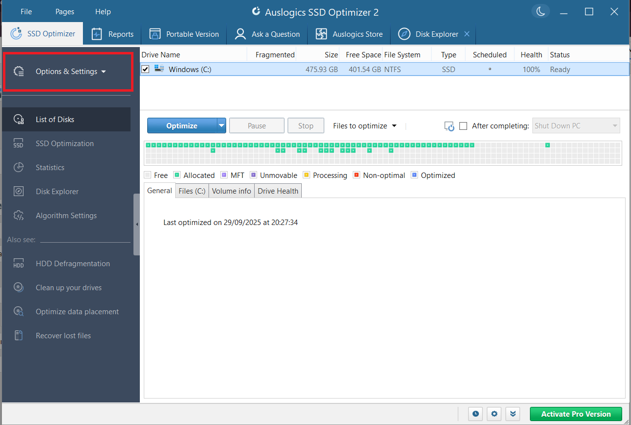 Click on Options & Settings in the left pane of the SSD Optimizer tab