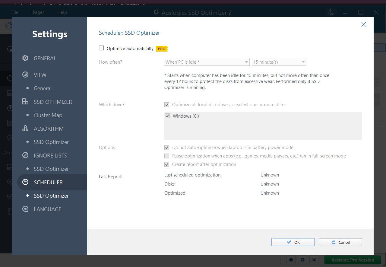 The Pro version of Auslogics SSD Optimizer makes automatic maintenance seamless. It has a scheduler feature with an array of configurable options