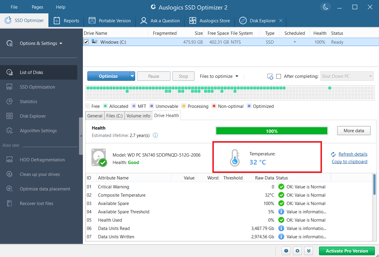 You can get detailed information on your drive’s health with Auslogics SSD Optimizer